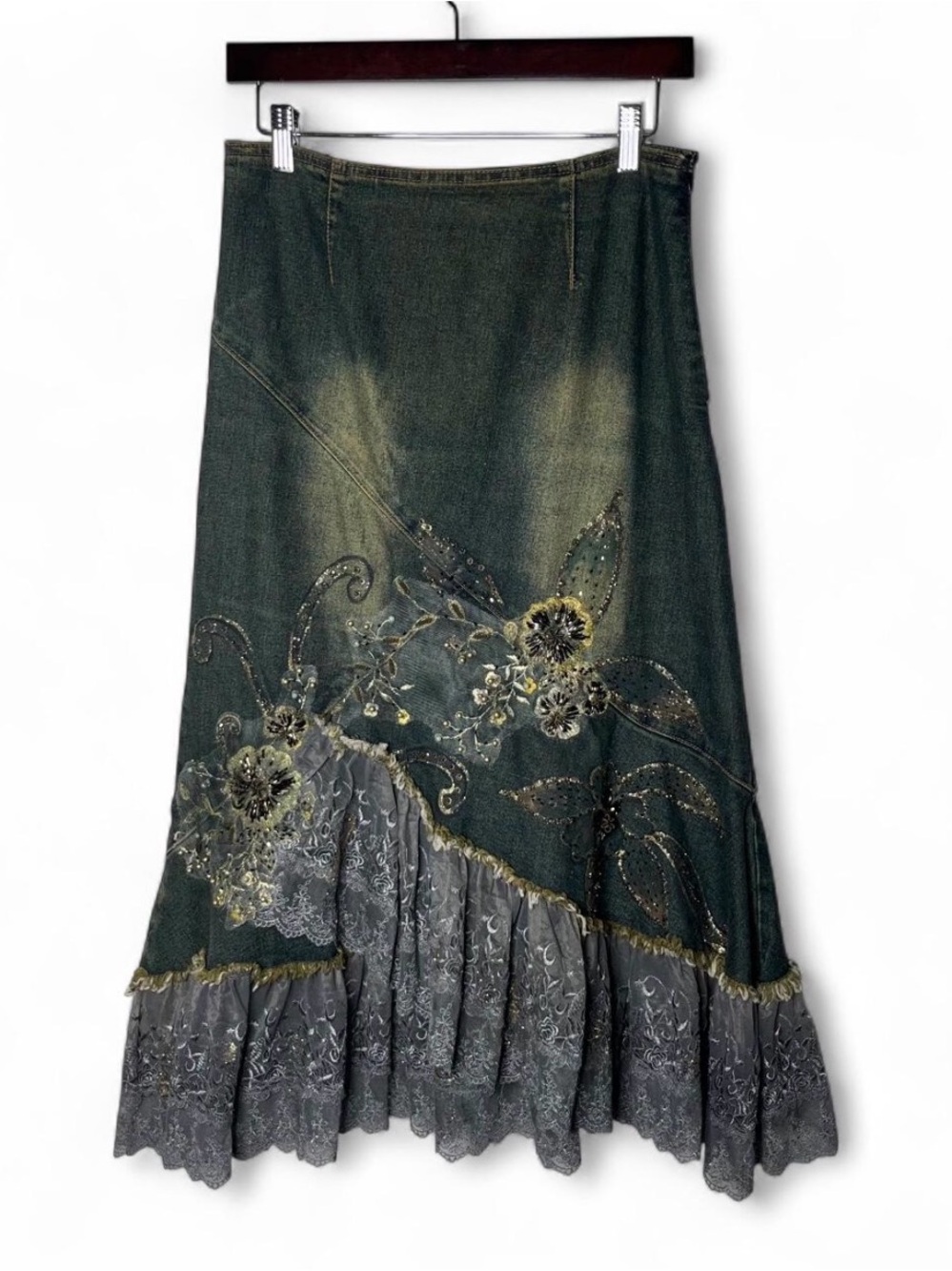 Y2K Vintage Asymmetrical Lace Hem Floral Beaded Fairy Grunge Denim Midi Skirt